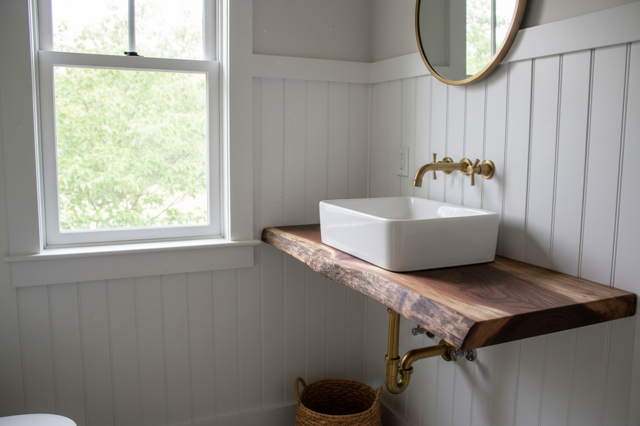 live edge walnut vanity top in a bathroom setting