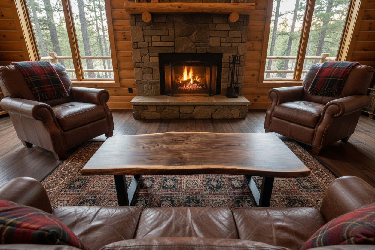 Live edge walnut wood slab coffee table with a natural edge design on a wooden floor.