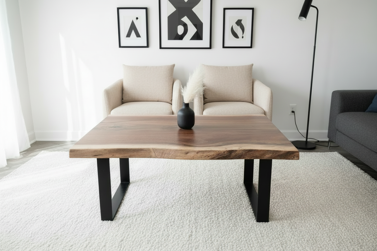 Live edge walnut wood slab coffee table top with a natural grain pattern on a wooden floor.