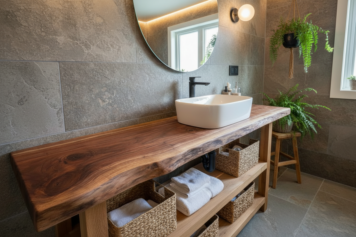 live edge walnut vanity top in a bathroom setting