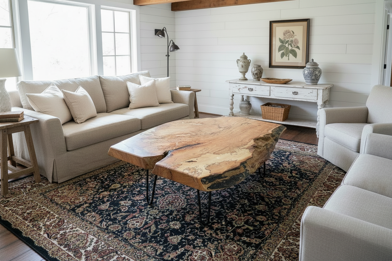 Large Live edge spalted ambrosia maple wood slab coffee table on an oriental rug.