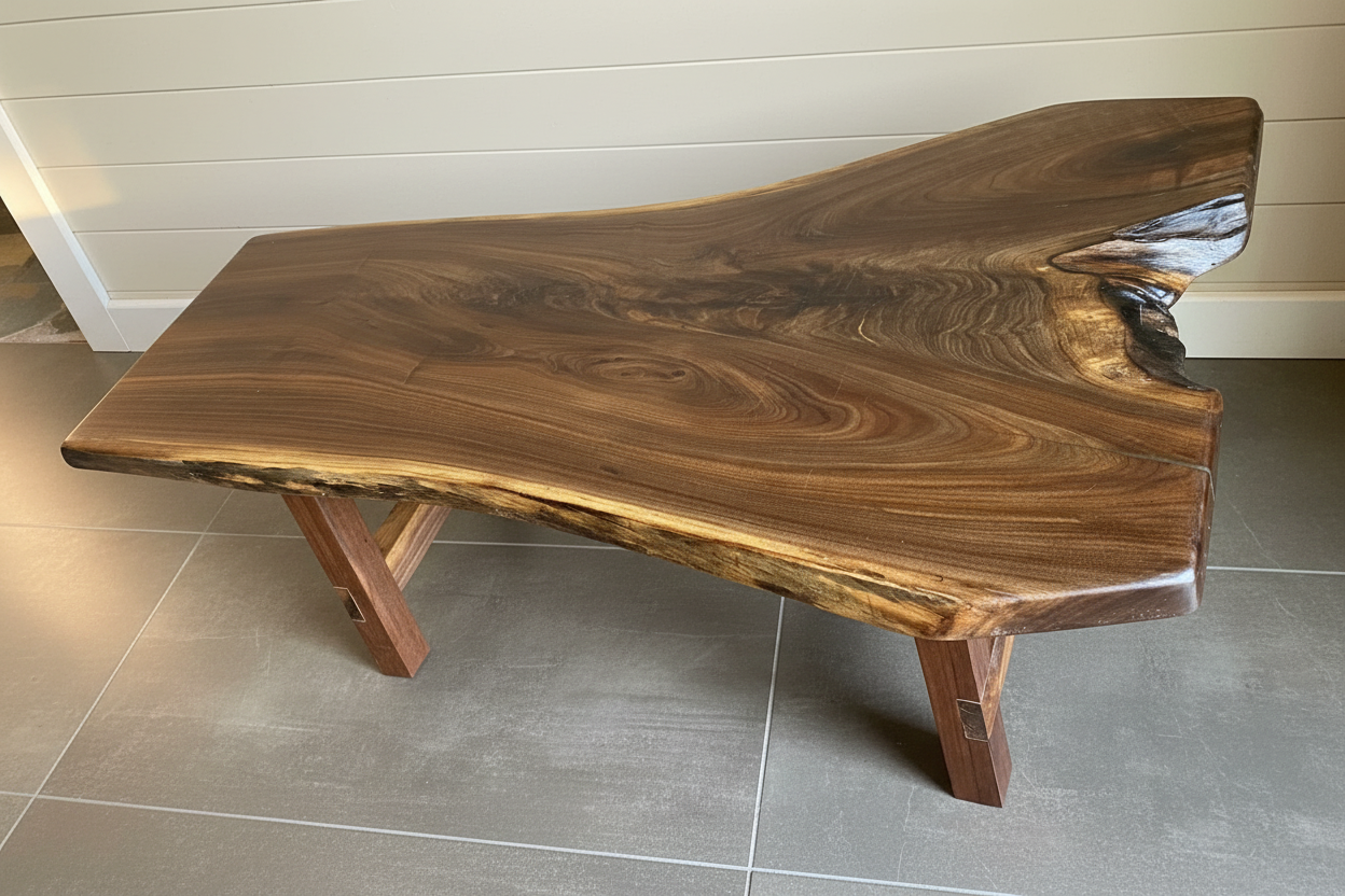 Live edge walnut wood slab coffee table with a natural, rustic finish on a wooden floor.