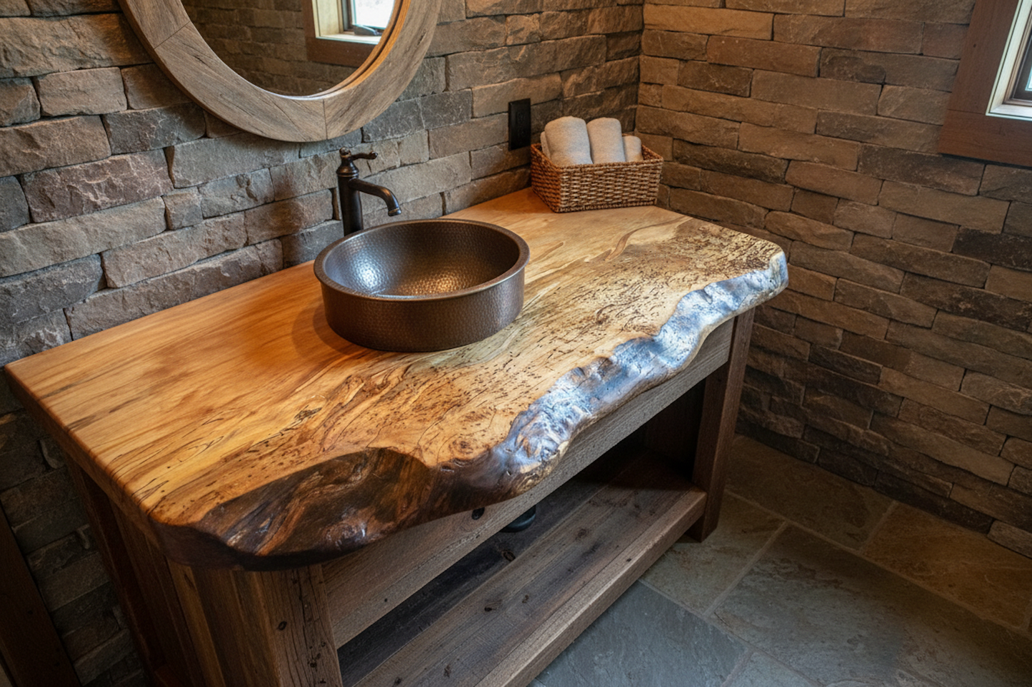 Bathroom vanity with wooden countertop and round metal sink against a stone wall.