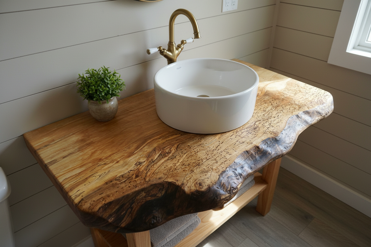 White ceramic sink on a wooden vanity with a gold faucet in a bathroom setting.